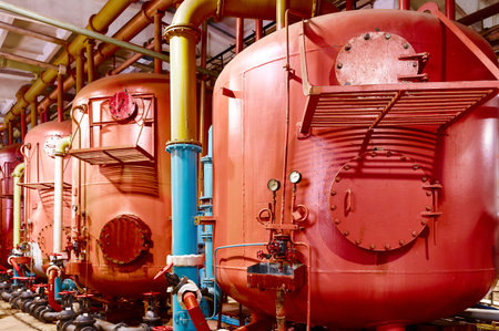 Large red industrial tanks in a processing plant with pipes and valves, showcasing engineering and...