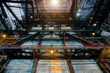 A view of industrial architecture highlighting intricate metal structures and light fixtures in a...