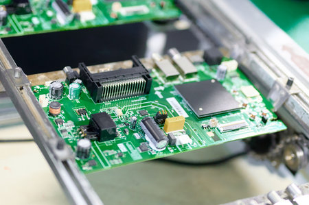Conveyor transporting electronic boards in a manufacturing facility during an automated assembly...