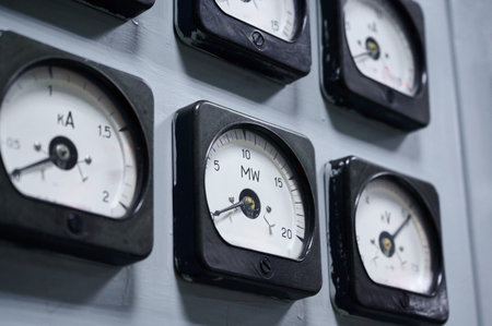 Detailed view of electrical gauges on a control panel in a power plant during daytime operationsの写真素材