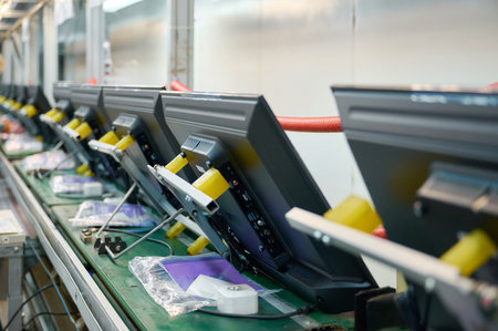 Televisions moving along conveyor belt in industrial manufacturing plant during production processの写真素材