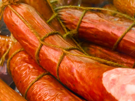 Savory artisan sausages hanging under warm sunlight at a local market, showcasing vibrant colors and rustic charmの写真素材