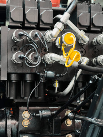 Intricate arrangement of hydraulic connectors and hoses in an industrial machinery setup for efficient power transmission and controlの写真素材