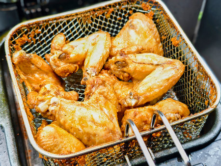 Crispy chicken wings frying in a basket at a restaurant kitchen during dinner rush in the eveningの写真素材