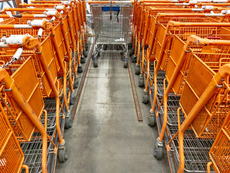 Rows of shopping carts arranged in a retail store create a vibrant orange pathway for customers during a busy shopping dayの写真素材