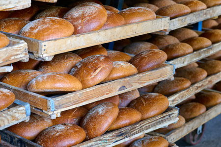 Freshly baked artisan bread on wooden shelves at a local bakery in the morning lightの写真素材