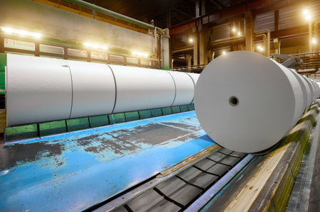 Large rolls of unprinted paper in a busy manufacturing facility during daytime operations