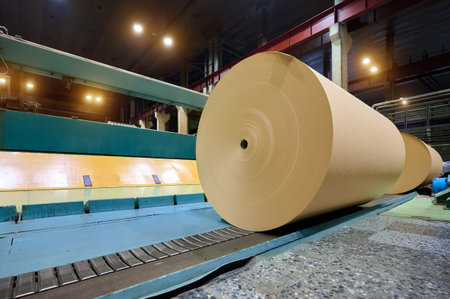 Large rolls of paper being processed at a busy paper mill in an industrial setting during daytime operations in a manufacturing facilityの写真素材