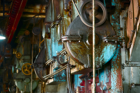 Vintage machinery showcasing intricate details in an old factory with a mix of colors and textures