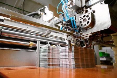 Precision feeding mechanism in operation for glue application on paper sheets in a production...