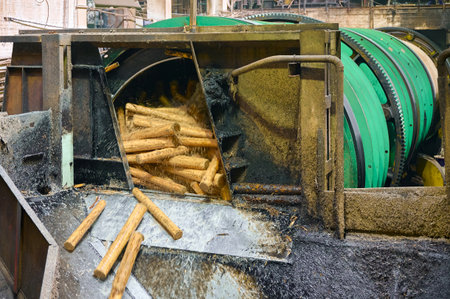 Drum debarker in operation at a lumber mill enables efficient removal of bark from logs
