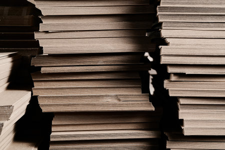 Stacks of thick paperboard await transformation into durable cardboard boxes for various applications in manufacturing and packagingの写真素材
