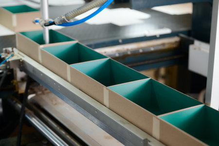 Conveyor belt transporting colorful cardboard boxes in a decorative packaging factory during the vibrant manufacturing processの写真素材