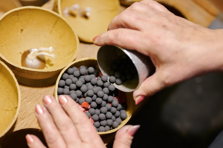 Crafting vibrant factory high-rise fireworks with precision and artistry in an engaging workshop...
