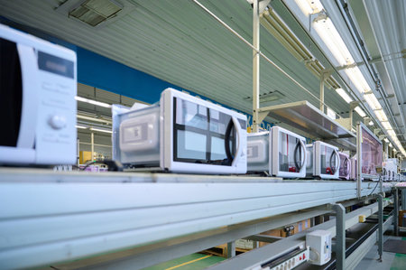 Production line displaying a variety of modern microwaves in a manufacturing facility