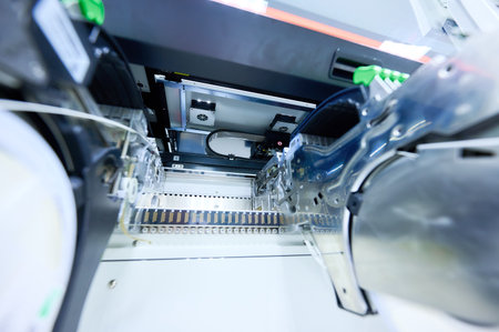 Detailed view of tape feeders in a pick-and-place machine used for surface mount technology assembly...