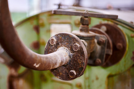 Old rusty valve revealing the beauty of decay and history in an abandoned industrial settingの写真素材