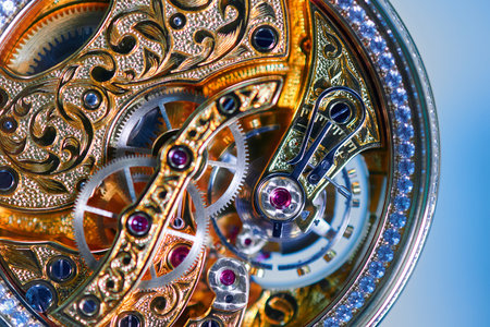 Intricate beauty of an ornate jewelry watch mechanism captured in stunning macro detailの写真素材