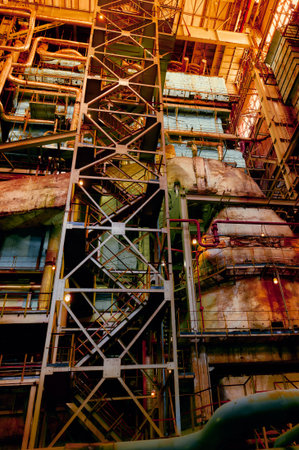Industrial facility interior showcasing towering structures, pipes, and machinery during daytime operationsの写真素材