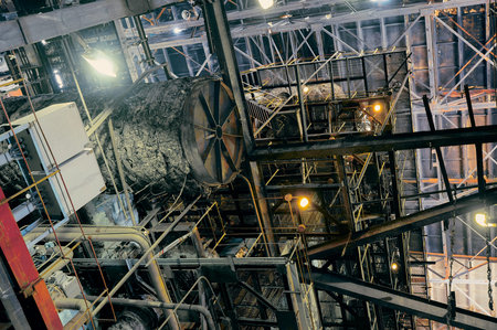Industrial machinery with large metal structures and pipes illuminated by overhead lights in a...