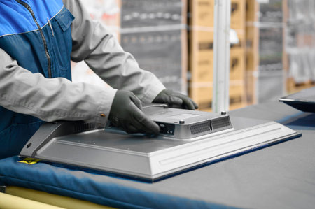Worker assembling television housing at a production facility