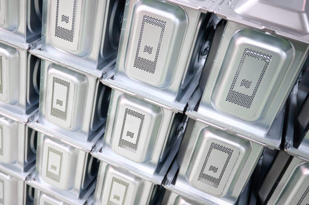 Metal casing of microwave ovens stacked in a warehouse ready for assembly and distribution