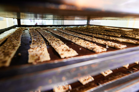 Delicate raw crackers prepared for baking on a metal tray awaiting the heat of the oven