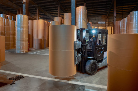 Forklift moving large paper rolls in a spacious warehouse at a paper mill during nighttime...