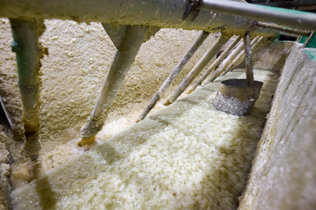 Details of rotary drum vacuum filter in operation with slurry and equipment in an industrial setting...