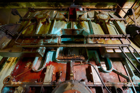 Rusty machinery in an abandoned industrial space showcasing deterioration and age in a dimly lit...