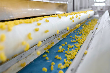 Fresh pasta gliding gracefully along the conveyor belt in a bustling production facility under...