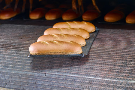 Freshly baked bread rolls emerging from the oven in a local bakery while warming up for customers