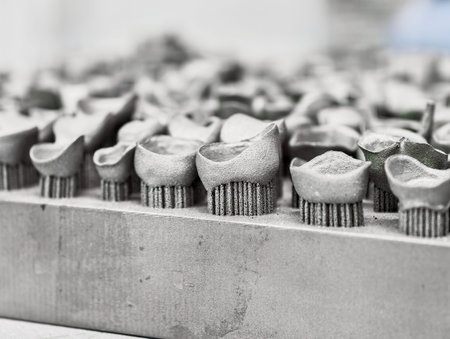 Additive manufacturing process showcasing metal products created through 3D printing technology in...
