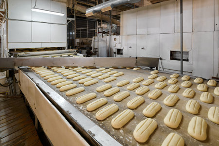 Dough ready for slicing on conveyor belt in bakery plant during production processの写真素材