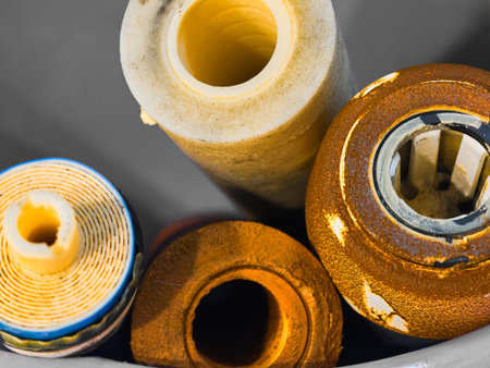 Dirty water filter cartridges stored in a bucket revealing significant buildup and contamination...
