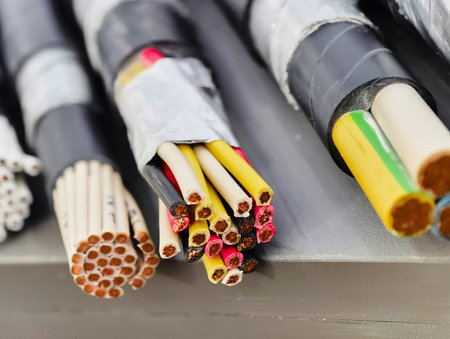 Vibrant power cables neatly layered, showcasing diverse electrical wires ready for installation in...