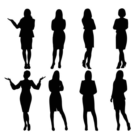 Large set of black woman silhouettes. Woman with bag, standing, walking, jumping, dancing, making selfie, sitting isolated figure.のイラスト素材