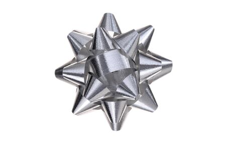 shiny gray paper ribbon gift bow isolate on whiteの写真素材