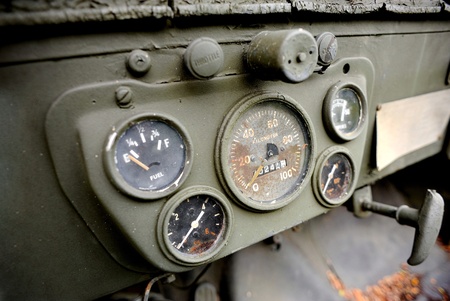 Speedometer and another gauges in the old military vehicle.