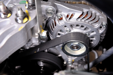 closeup car timing belt in clean engine roomの写真素材