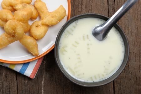 Deep fried dough stick and soybean milk in Thailandの写真素材