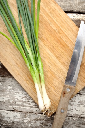 fresh scallions on chopping blockの写真素材