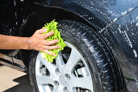 washing car wheel and tireの写真素材