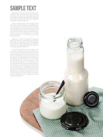 natural yogurt in glass jarの写真素材