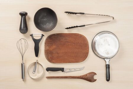 many utensils on wooden tableの写真素材