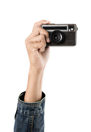 old vintage camera in handの写真素材