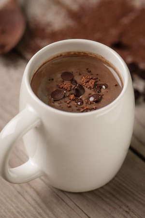 closeup hot chocolate in white mug (shallow depth of field)の写真素材
