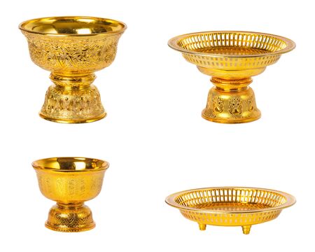 4 different golden tray with pedestal (vintage style) in Thailand isolated on white backgroundの写真素材