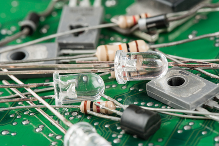 Closeup LED on the heap of electronic partsの写真素材