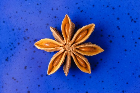 closeup details of star anise on blue plateの写真素材